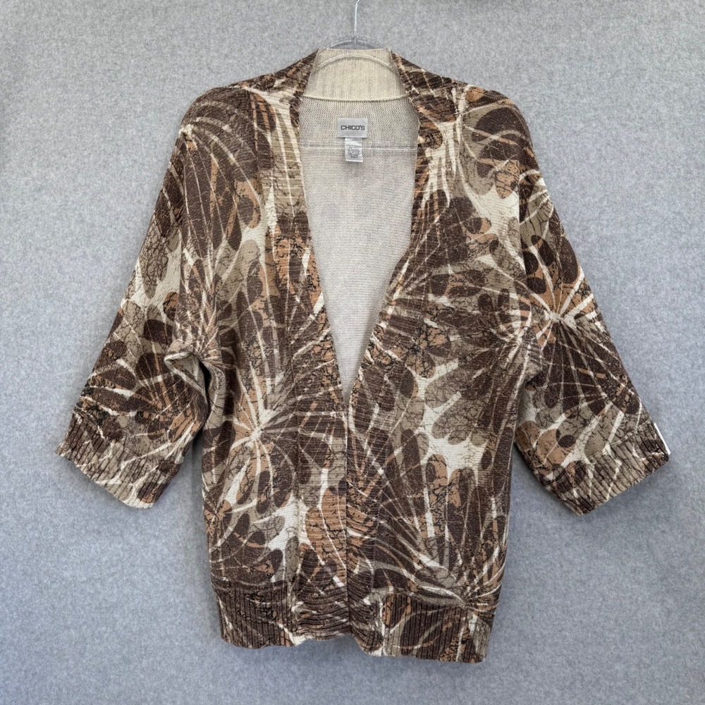 Chico's Women's Cardigan Size 3 Brown Tan Metallic Open Front 3/4 Sleeve Size XL